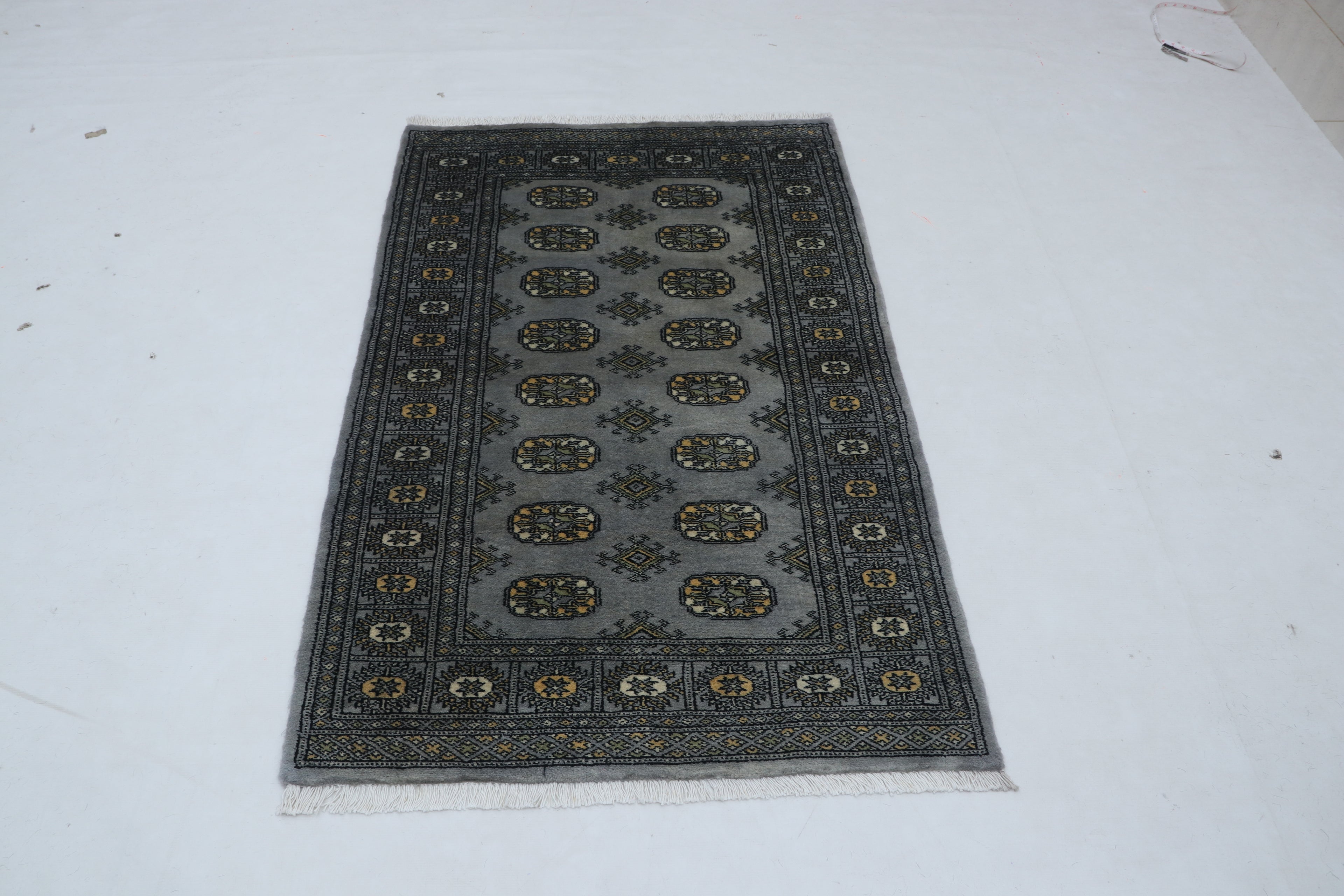 3x5 Grey Mori Bokhara Handmade Wool & Cotton Rug | Geometric Hand-Knotted Area Rug