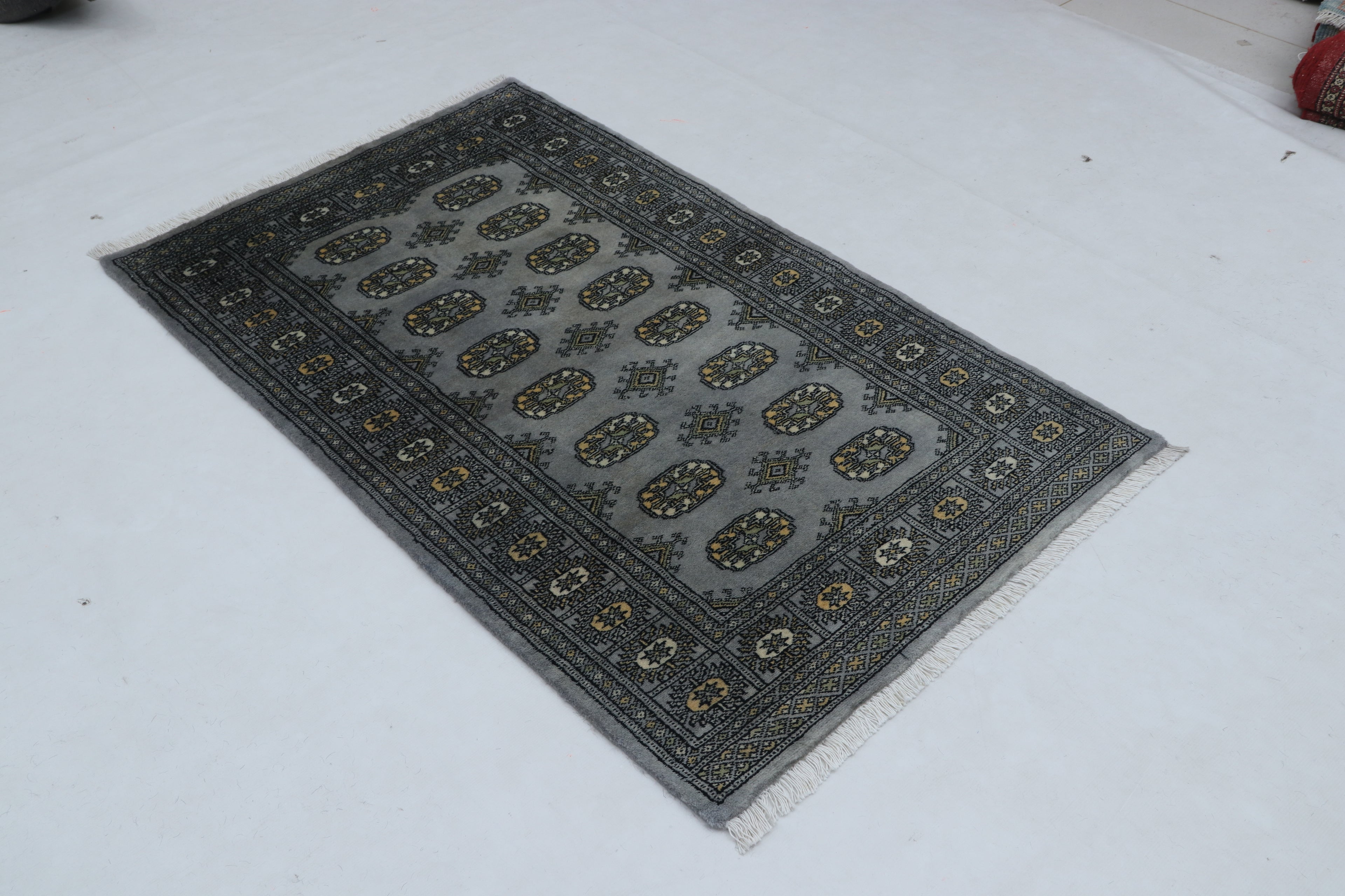 3x5 Grey Mori Bokhara Handmade Wool & Cotton Rug | Geometric Hand-Knotted Area Rug