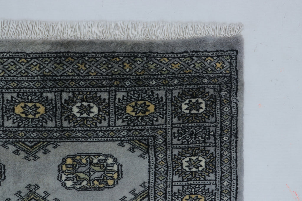 3x5 Grey Mori Bokhara Handmade Wool & Cotton Rug | Geometric Hand-Knotted Area Rug
