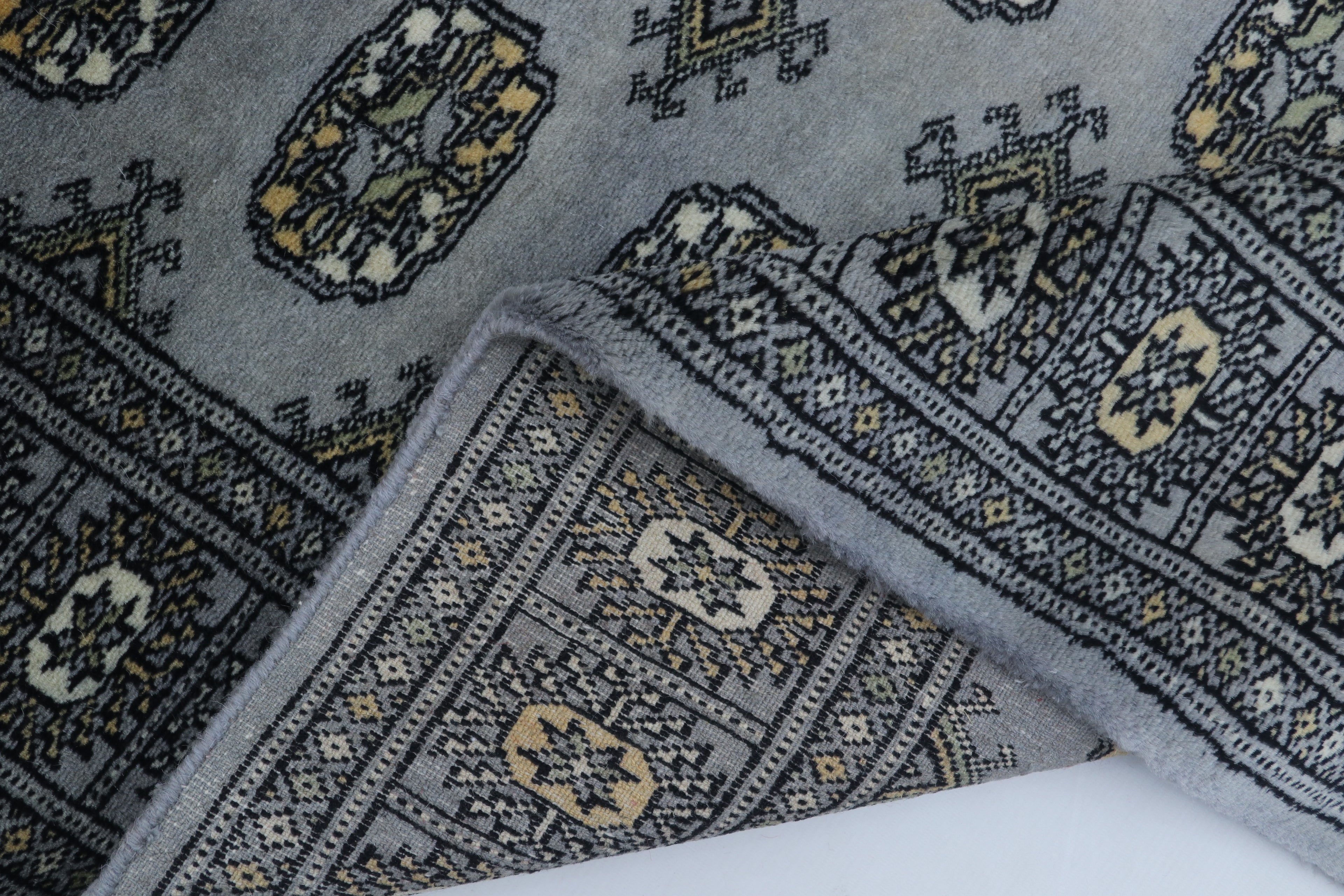 3x5 Grey Mori Bokhara Handmade Wool & Cotton Rug | Geometric Hand-Knotted Area Rug