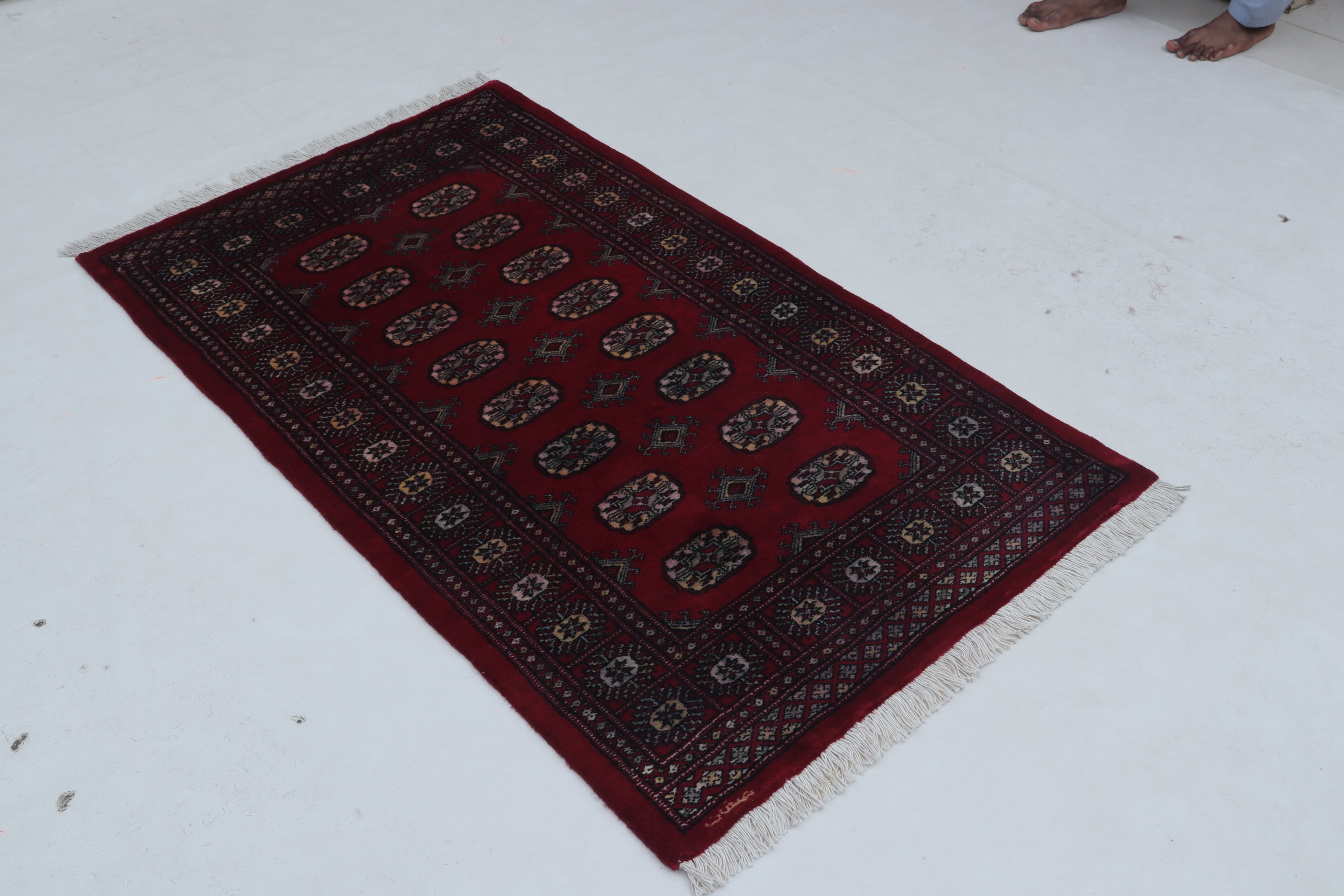 3x5 Red Mori Bokhara Handmade Wool & Cotton Rug | Geometric Hand-Knotted Area Rug
