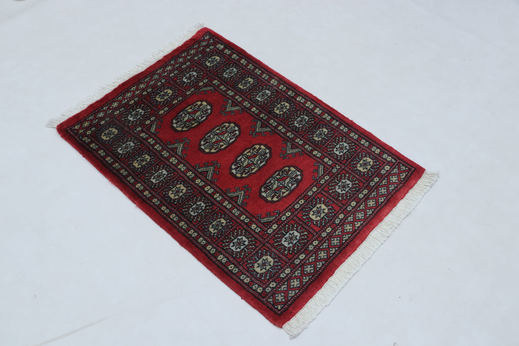 2x3 Red Mori Bokhara Handmade Wool & Cotton Rug | Geometric Hand-Knotted Area Rug