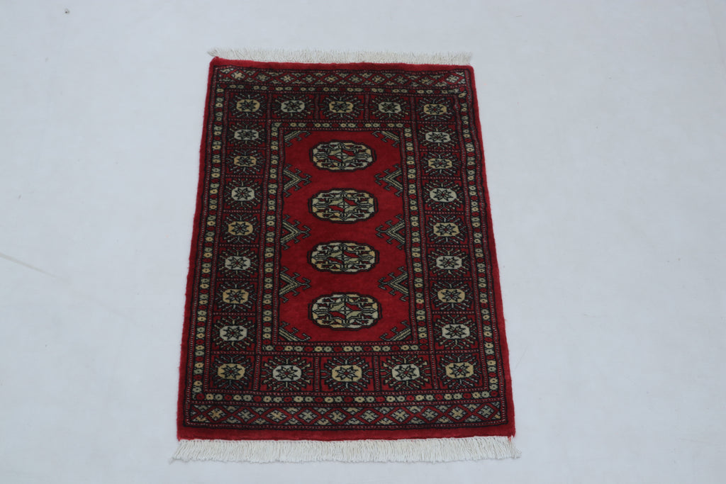 2x3 Red Mori Bokhara Handmade Wool & Cotton Rug | Geometric Hand-Knotted Area Rug