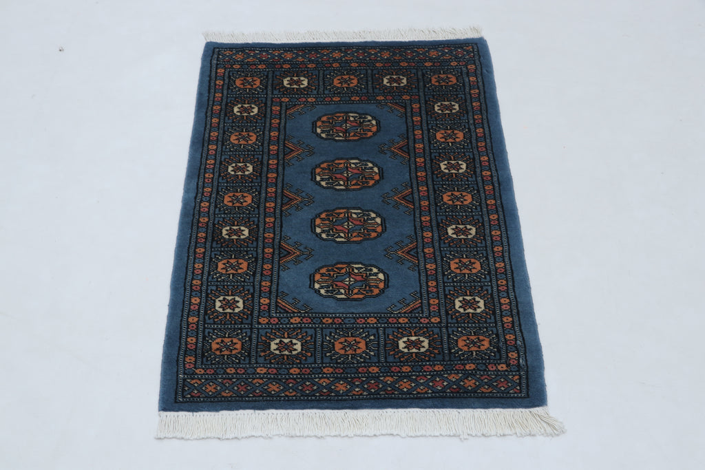 2x3 Blue Mori Bokhara Handmade Wool Cotton Geometric Rug Azo Free Dyeing