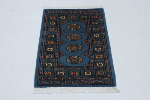 2x3 Blue Mori Bokhara Handmade Wool Cotton Geometric Rug Azo Free Dyeing