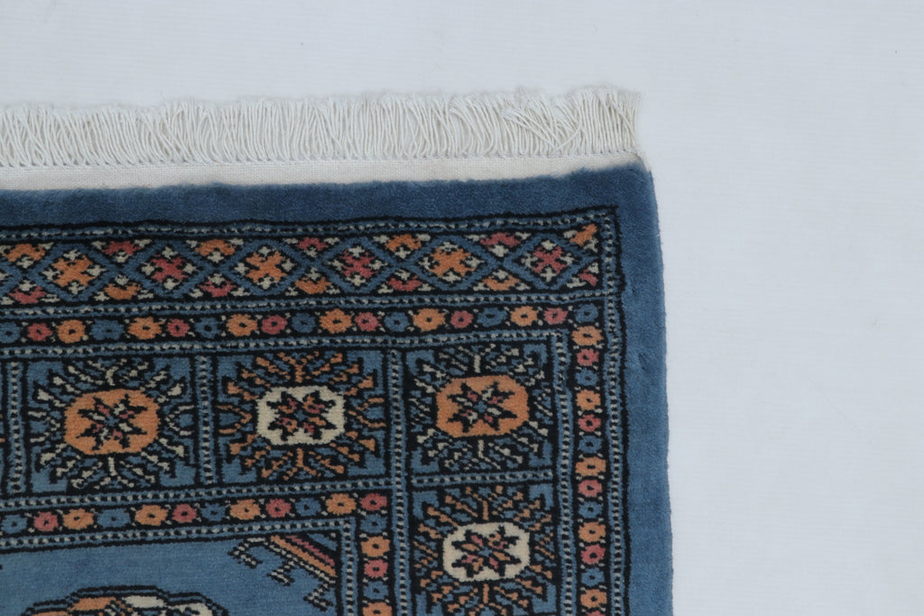 2x3 Blue Mori Bokhara Handmade Wool & Cotton Rug | Geometric Hand-Knotted Area Rug
