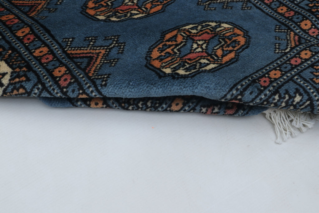 2x3 Blue Mori Bokhara Handmade Wool & Cotton Rug | Geometric Hand-Knotted Area Rug