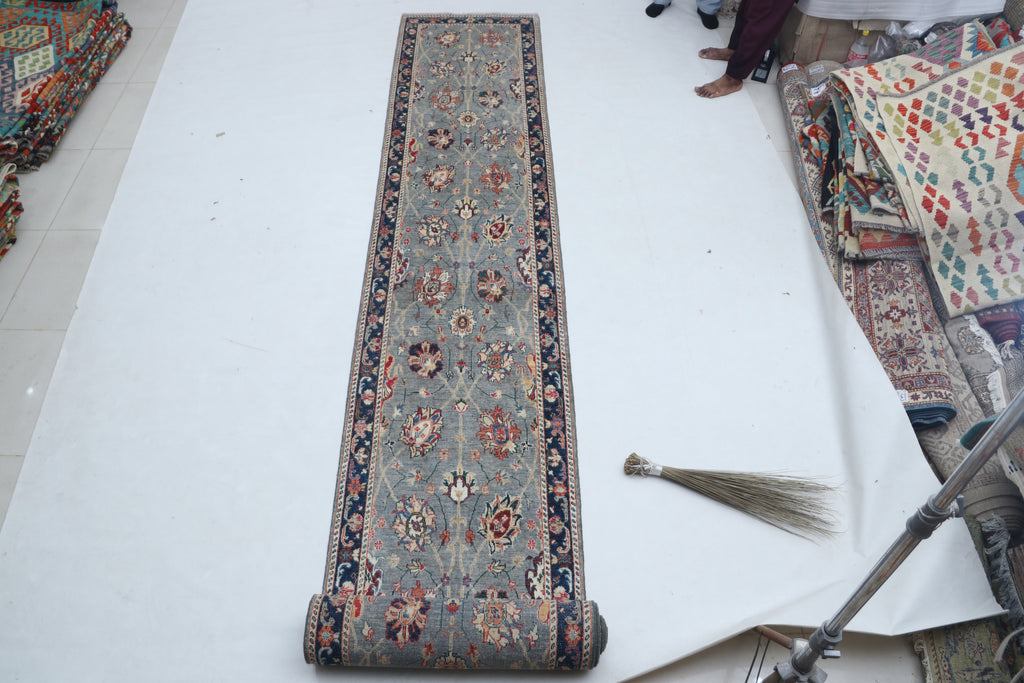 3x26 Gray & Blue Chobi Runner Rug | Handmade Wool & Cotton Floral Rug | Vegetable Dyed