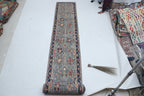 3x26 Gray & Blue Chobi Runner Rug | Handmade Wool & Cotton Floral Rug | Vegetable Dyed