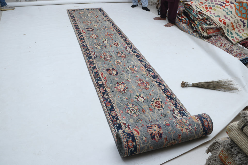 3x26 Gray & Blue Chobi Runner Rug | Handmade Wool & Cotton Floral Rug | Vegetable Dyed