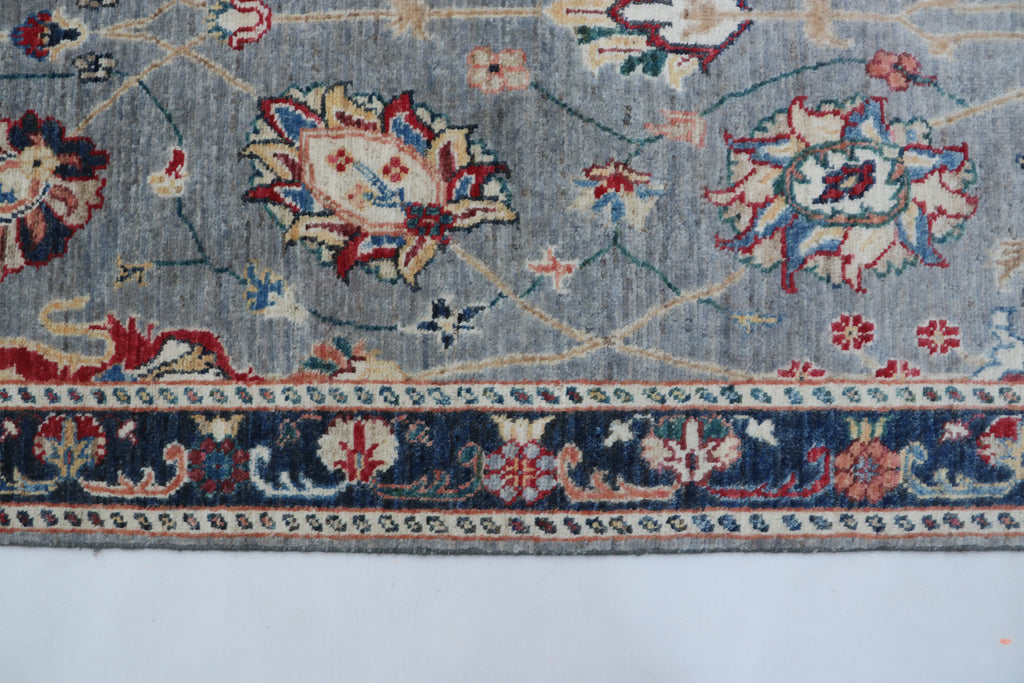 3x26 Gray & Blue Chobi Runner Rug | Handmade Wool & Cotton Floral Rug | Vegetable Dyed
