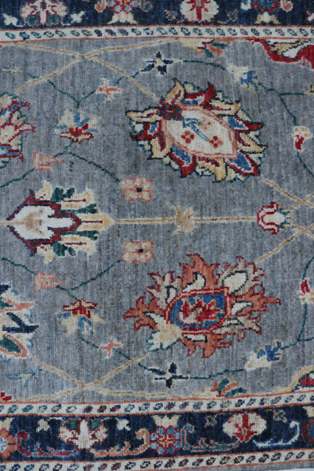 3x26 Gray & Blue Chobi Runner Rug | Handmade Wool & Cotton Floral Rug | Vegetable Dyed