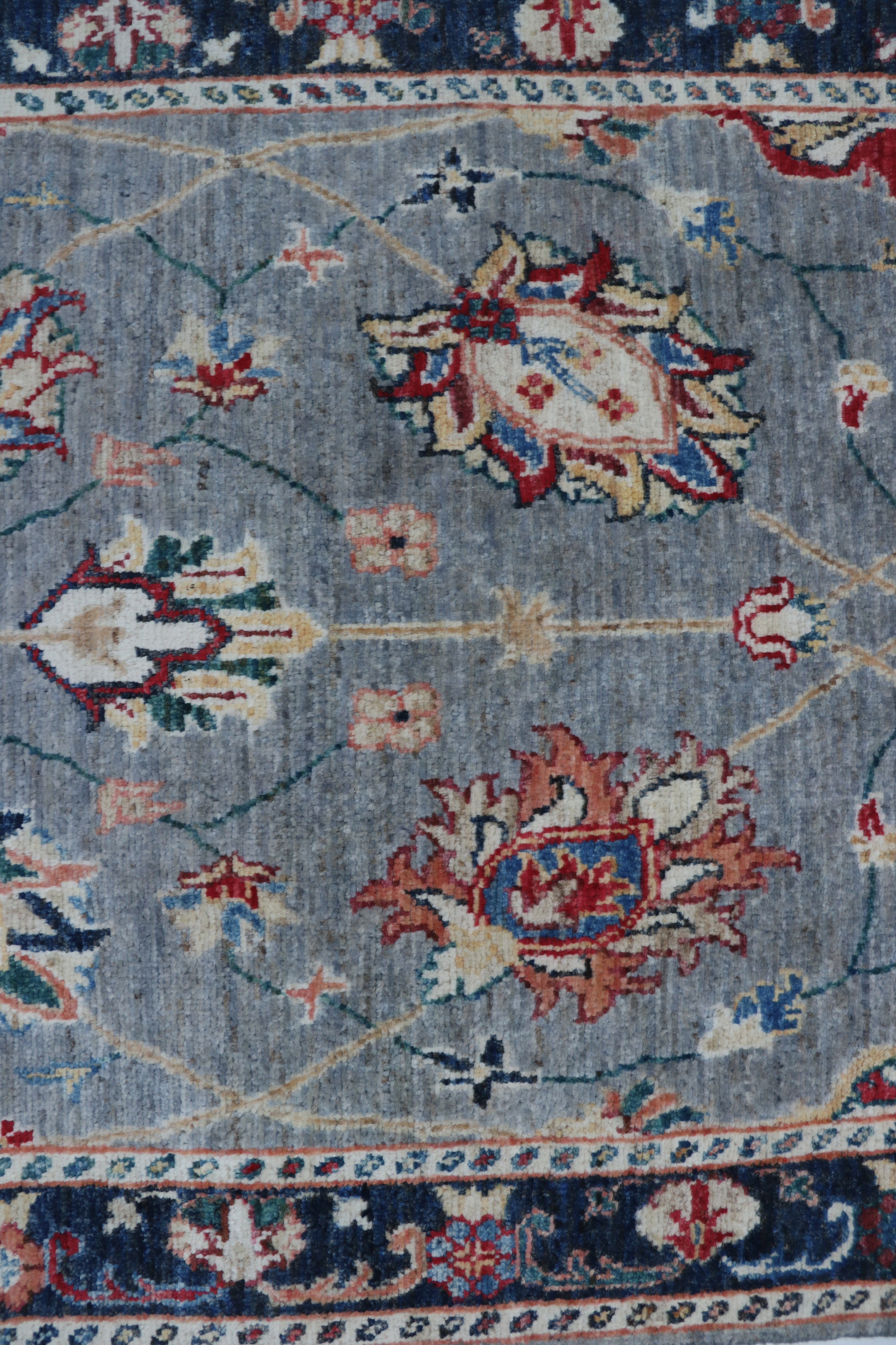 3x26 Gray & Blue Chobi Runner Rug | Handmade Wool & Cotton Floral Rug | Vegetable Dyed