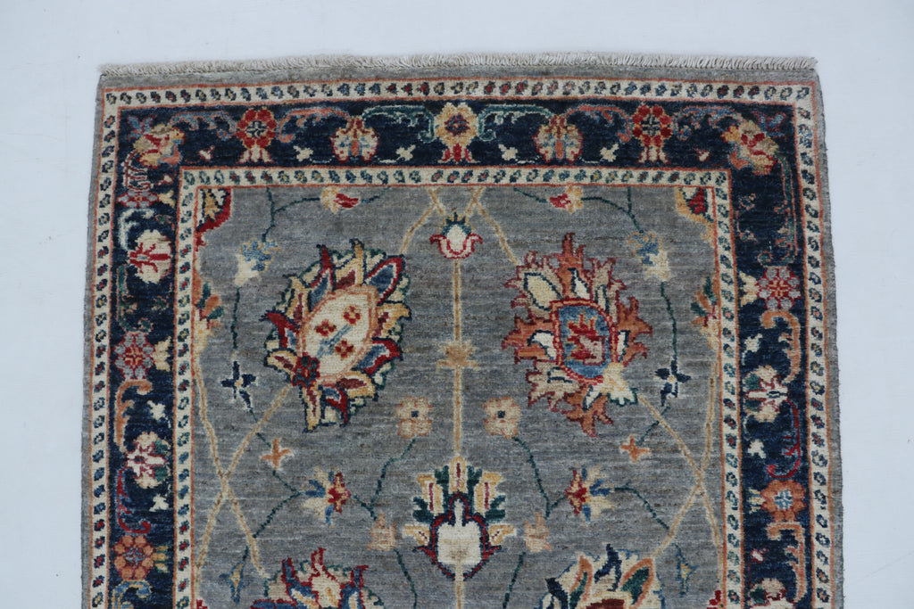 3x26 Gray & Blue Chobi Runner Rug | Handmade Wool & Cotton Floral Rug | Vegetable Dyed