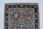 3x26 Gray & Blue Chobi Runner Rug | Handmade Wool & Cotton Floral Rug | Vegetable Dyed
