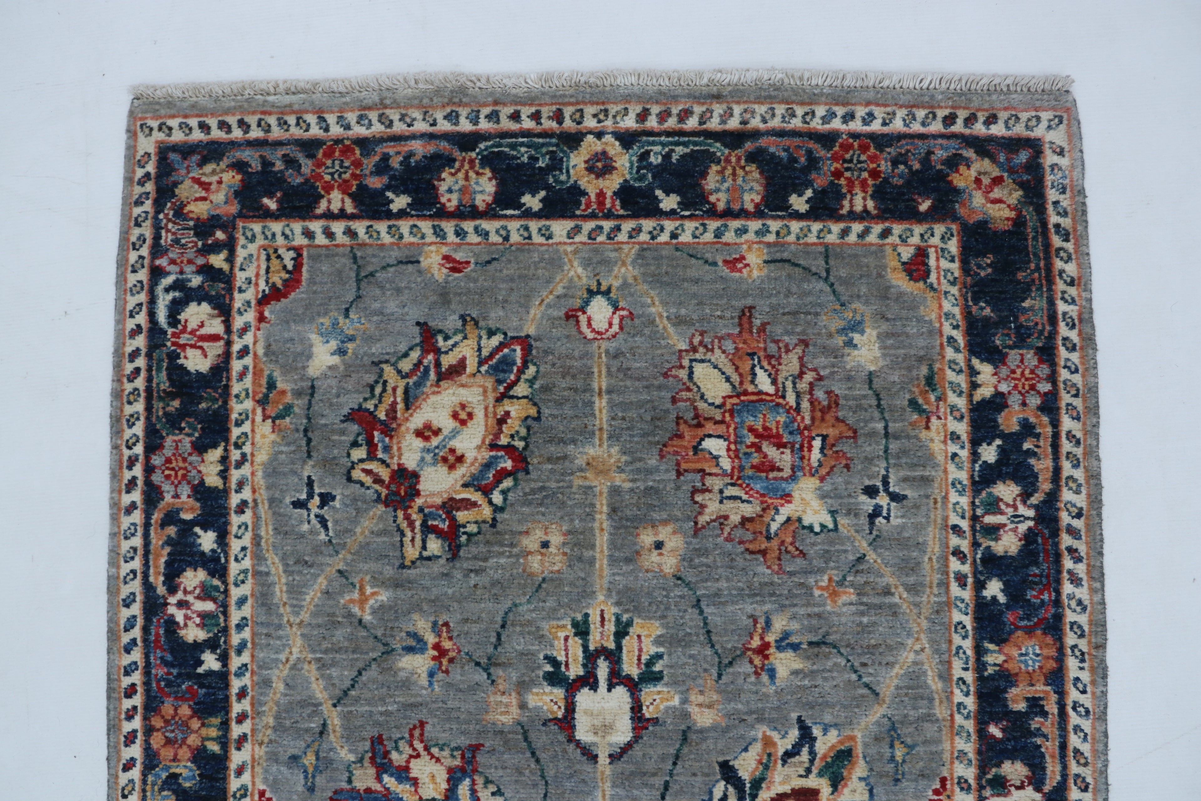 3x26 Gray & Blue Chobi Runner Rug | Handmade Wool & Cotton Floral Rug | Vegetable Dyed