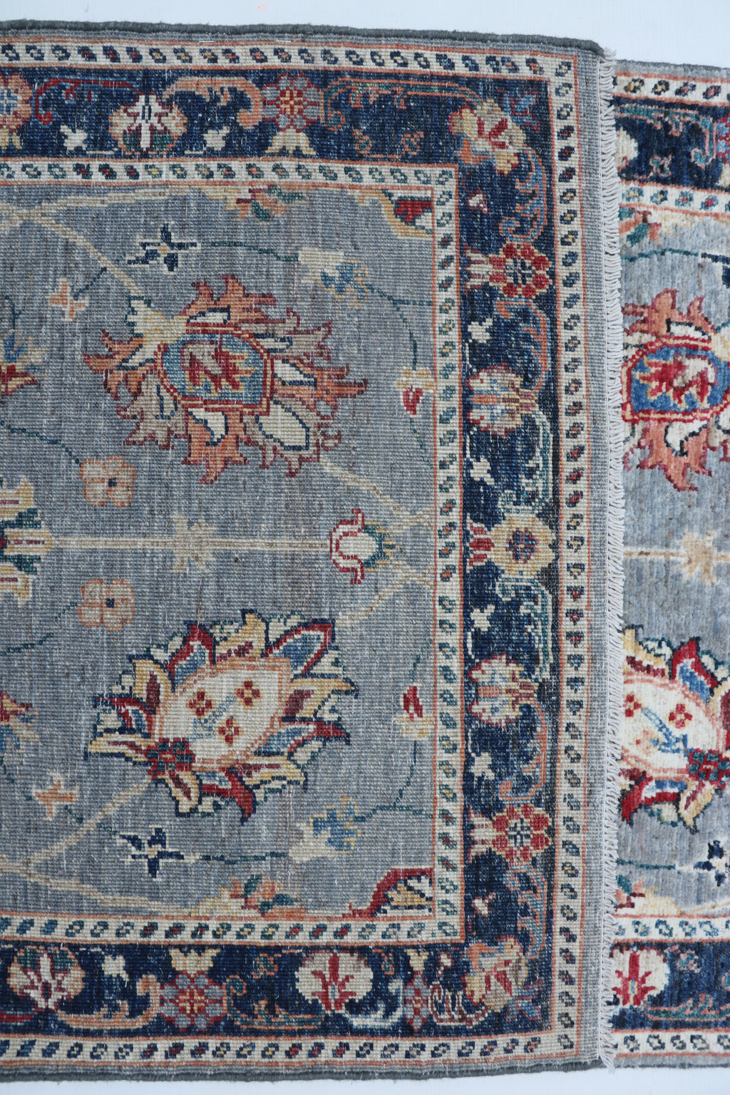 3x26 Gray & Blue Chobi Runner Rug | Handmade Wool & Cotton Floral Rug | Vegetable Dyed