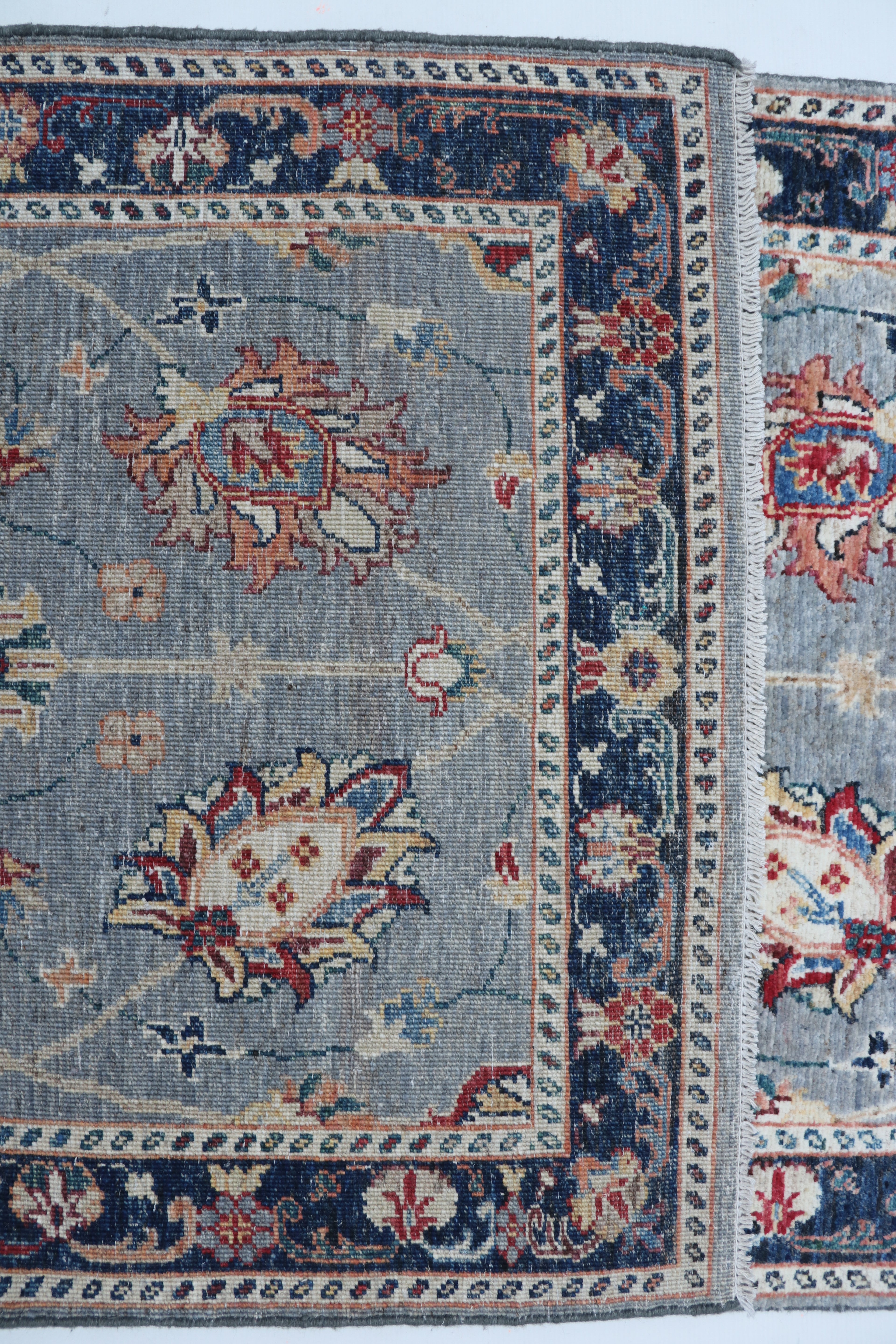 3x26 Gray & Blue Chobi Runner Rug | Handmade Wool & Cotton Floral Rug | Vegetable Dyed