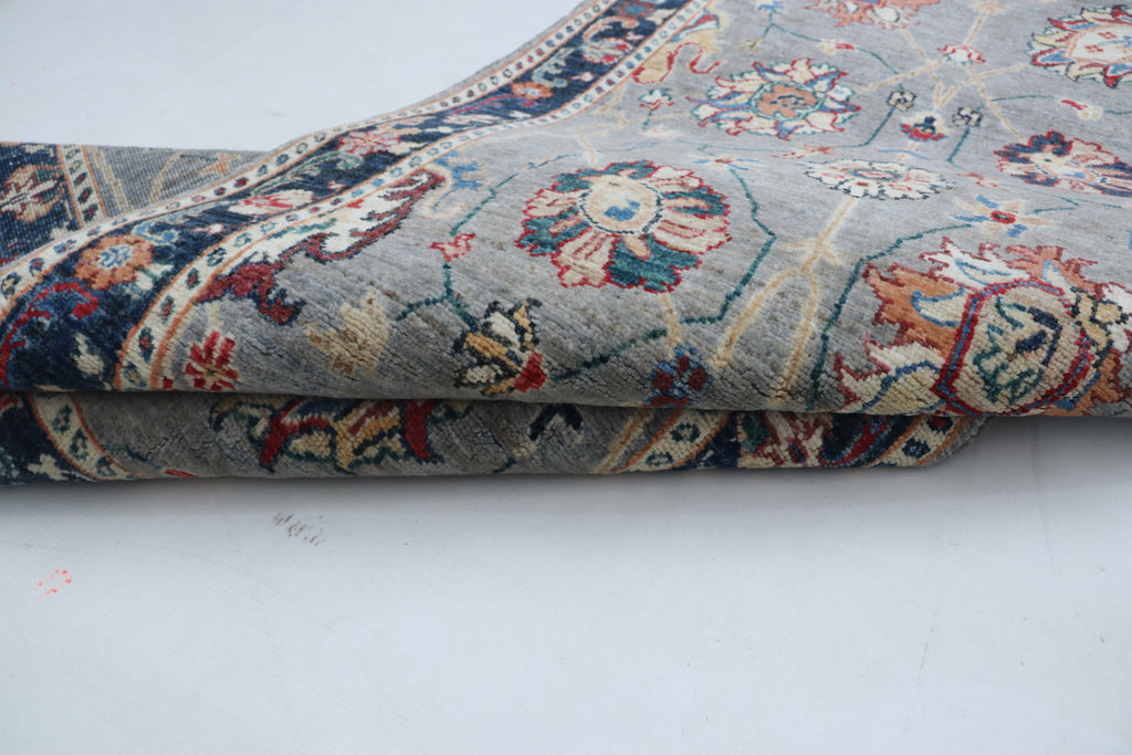 3x26 Gray & Blue Chobi Runner Rug | Handmade Wool & Cotton Floral Rug | Vegetable Dyed