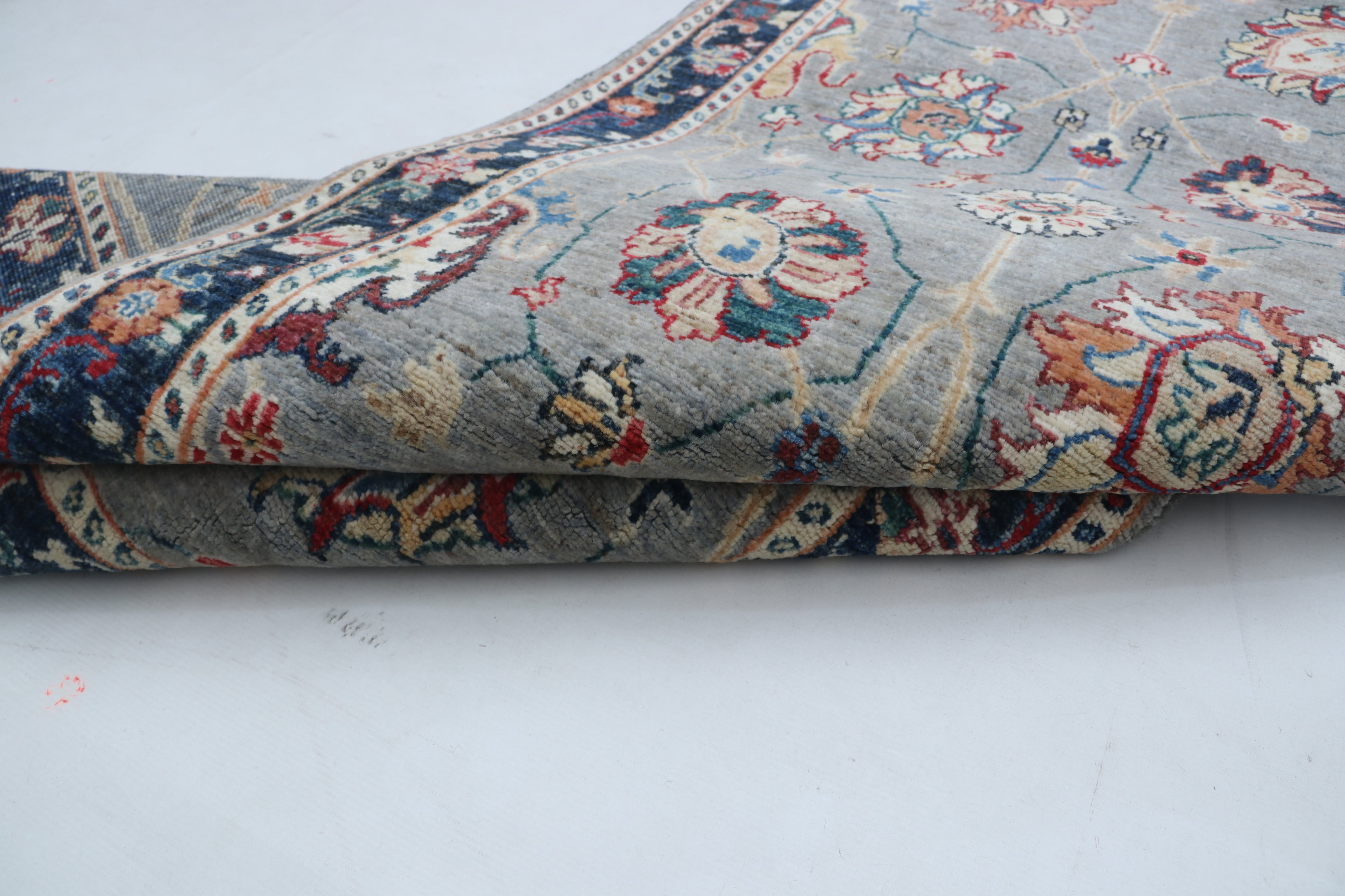 3x26 Gray & Blue Chobi Runner Rug | Handmade Wool & Cotton Floral Rug | Vegetable Dyed