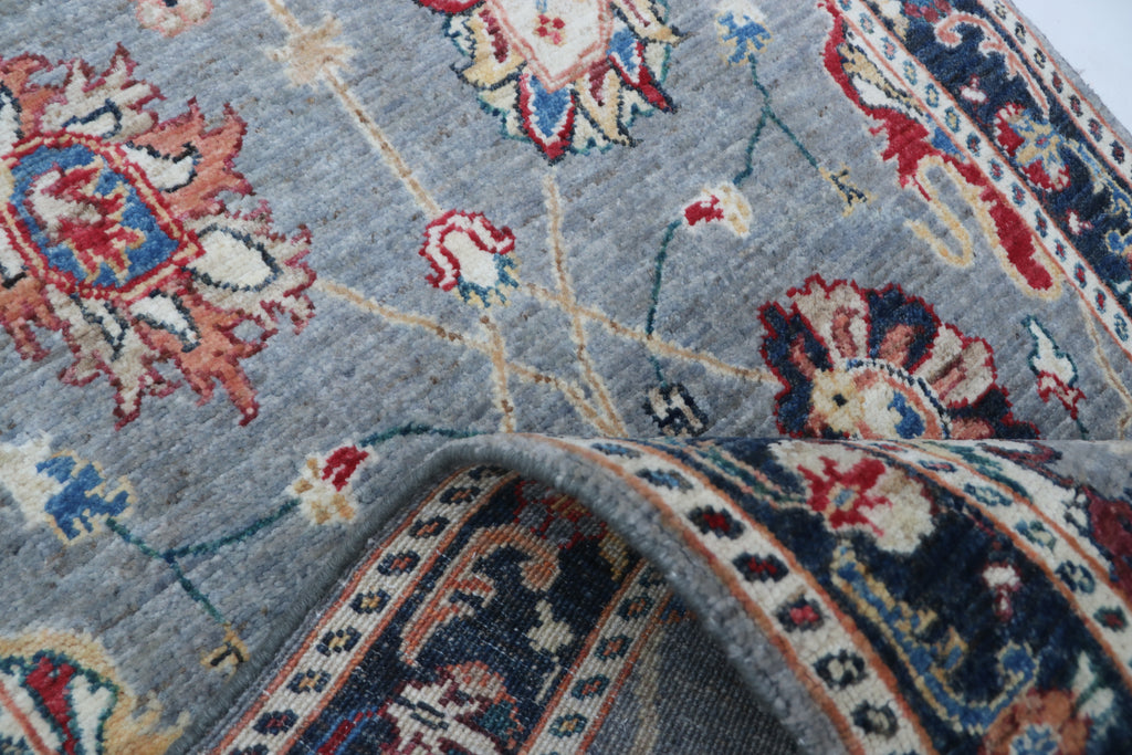 3x26 Gray & Blue Chobi Runner Rug | Handmade Wool & Cotton Floral Rug | Vegetable Dyed