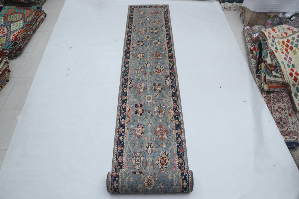 3x26 Gray Chobi Runner Rug | Handmade Wool & Cotton Floral Rug | Vegetable Dyed