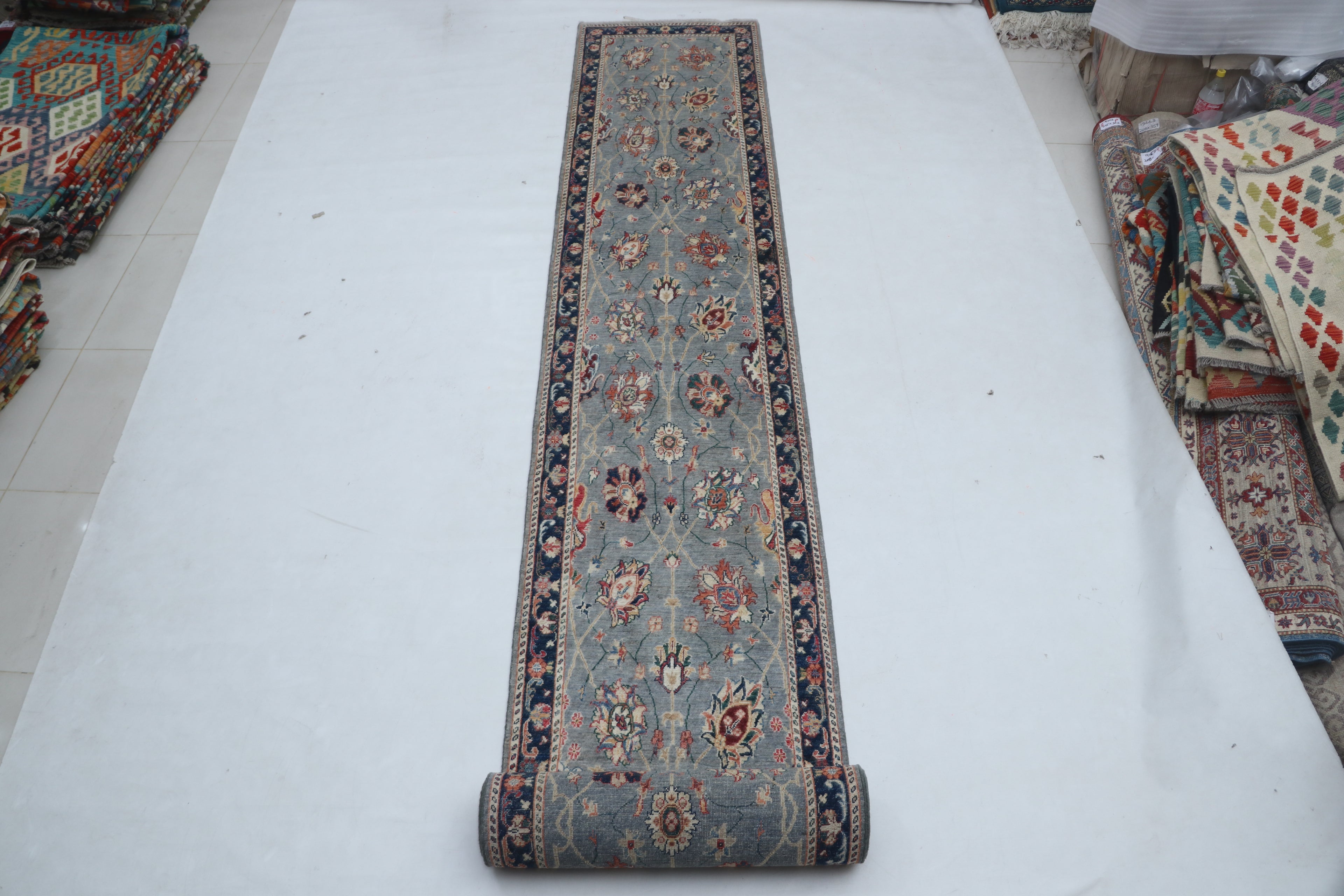 3x26 Gray Chobi Runner Rug | Handmade Wool & Cotton Floral Rug | Vegetable Dyed