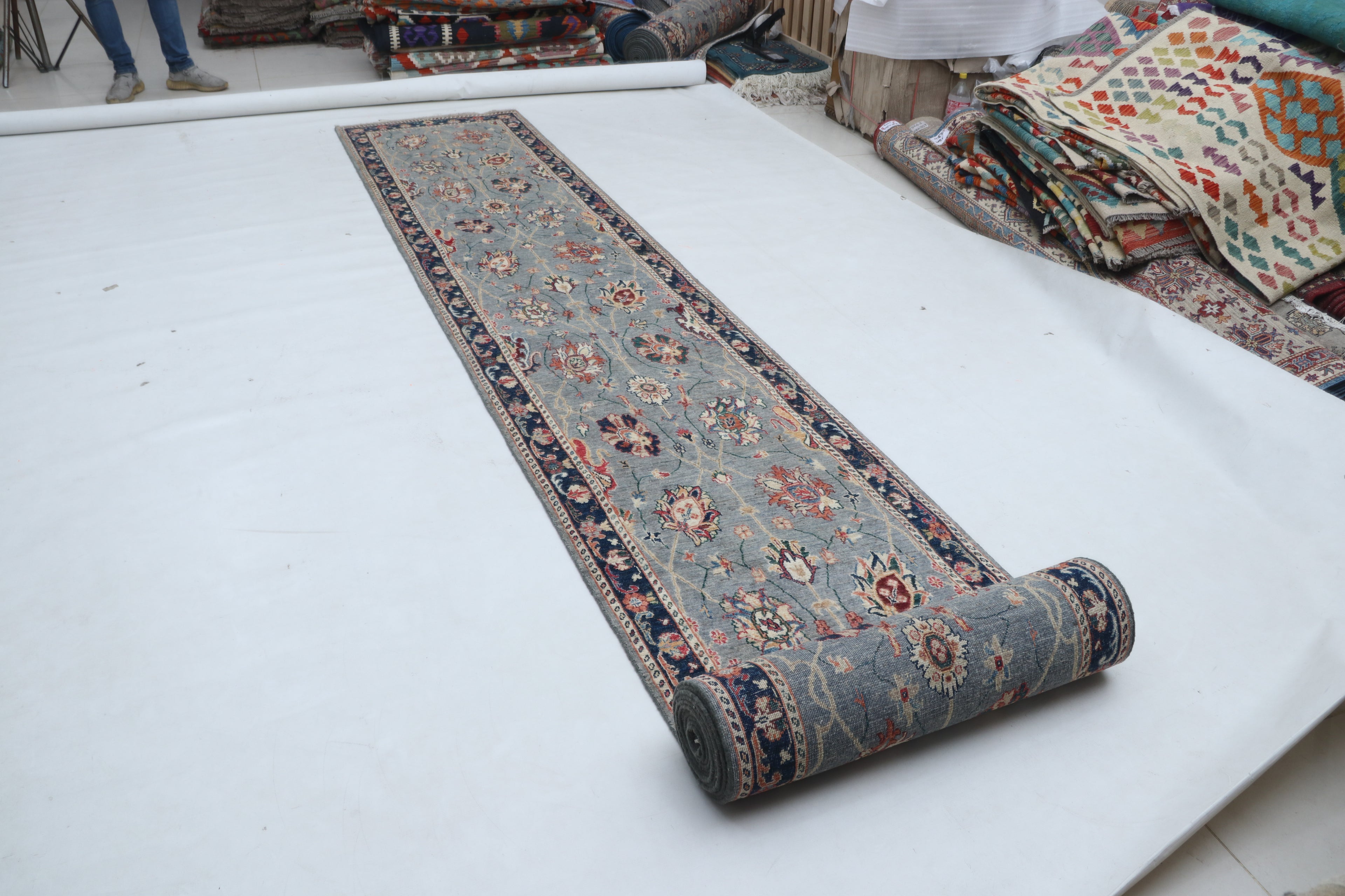 3x26 Gray Chobi Runner Rug | Handmade Wool & Cotton Floral Rug | Vegetable Dyed