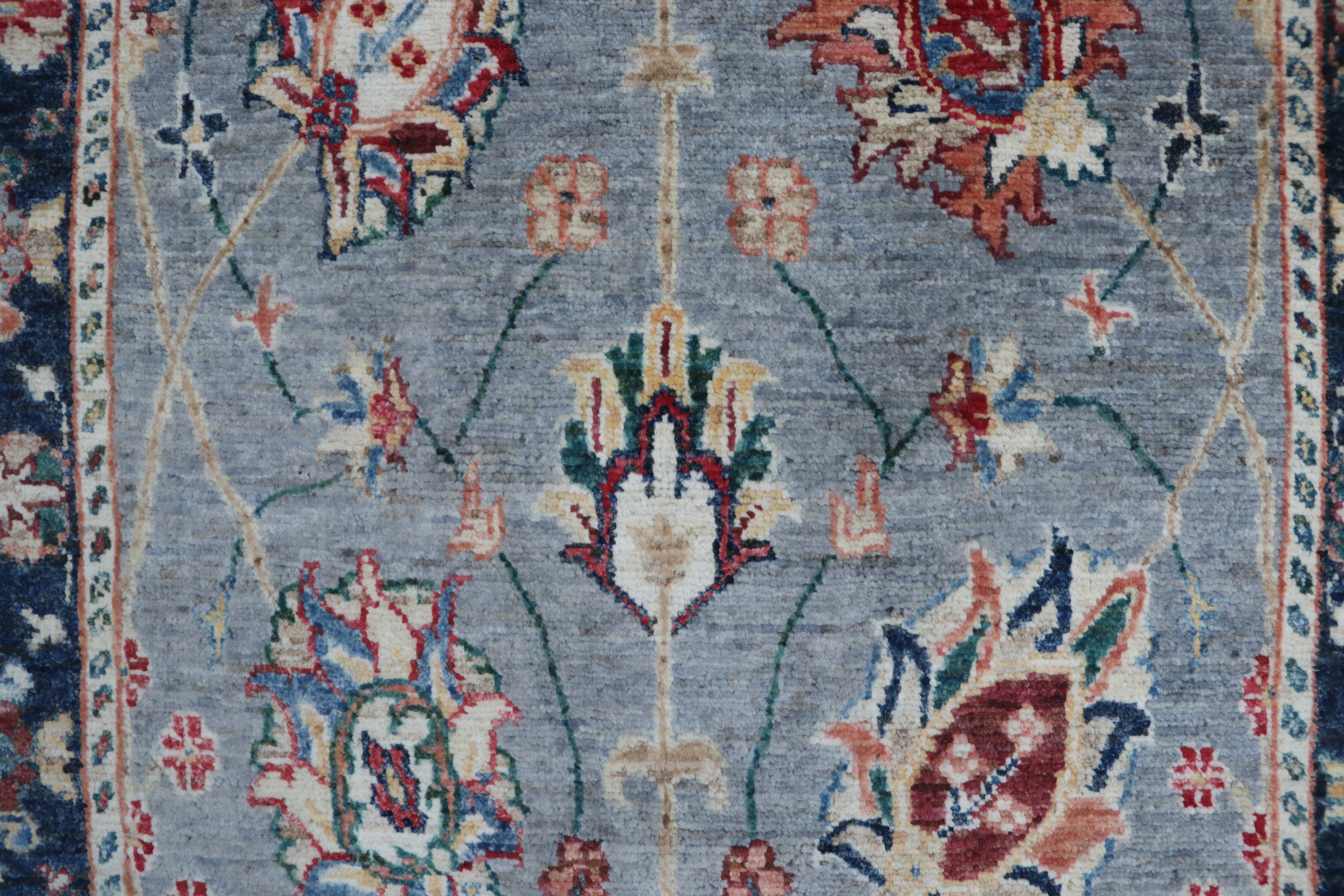 3x26 Gray Chobi Runner Rug | Handmade Wool & Cotton Floral Rug | Vegetable Dyed