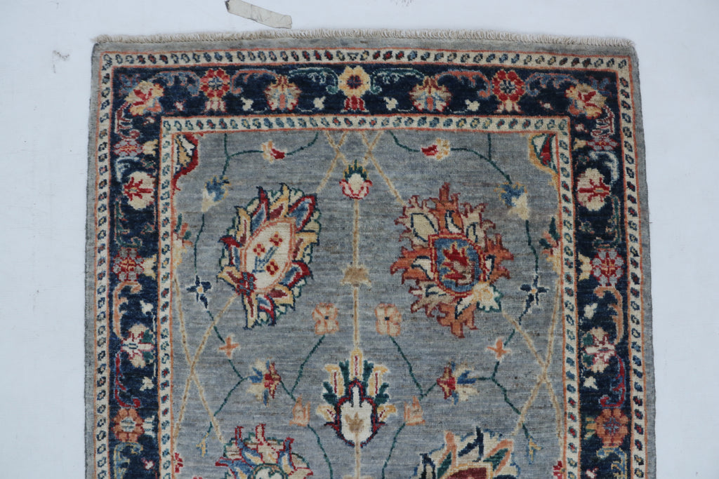 3x26 Gray Chobi Runner Rug | Handmade Wool & Cotton Floral Rug | Vegetable Dyed
