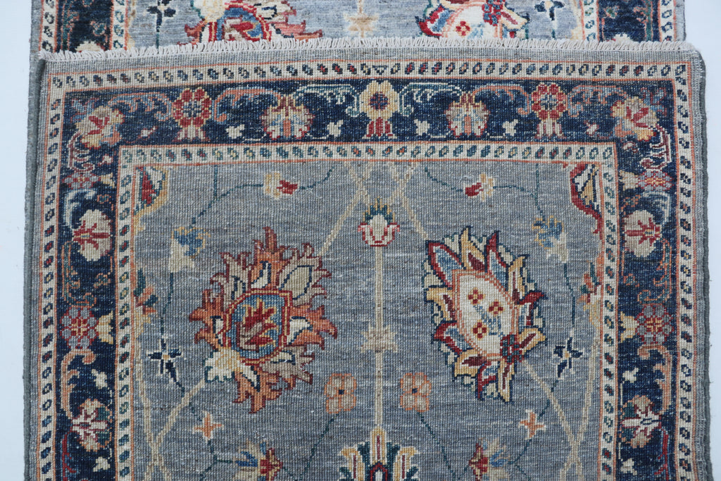 3x26 Gray Chobi Runner Rug | Handmade Wool & Cotton Floral Rug | Vegetable Dyed