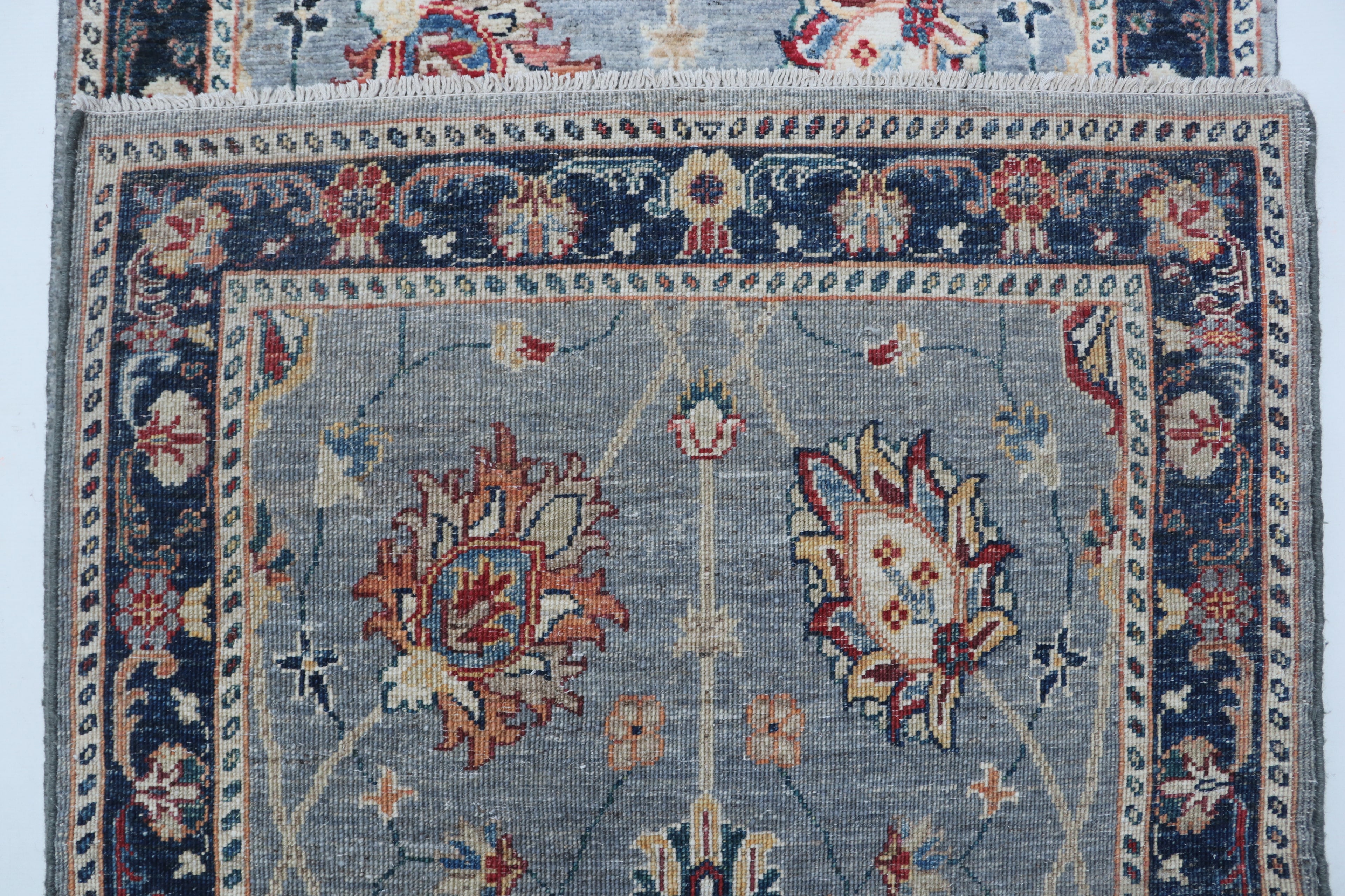 3x26 Gray Chobi Runner Rug | Handmade Wool & Cotton Floral Rug | Vegetable Dyed