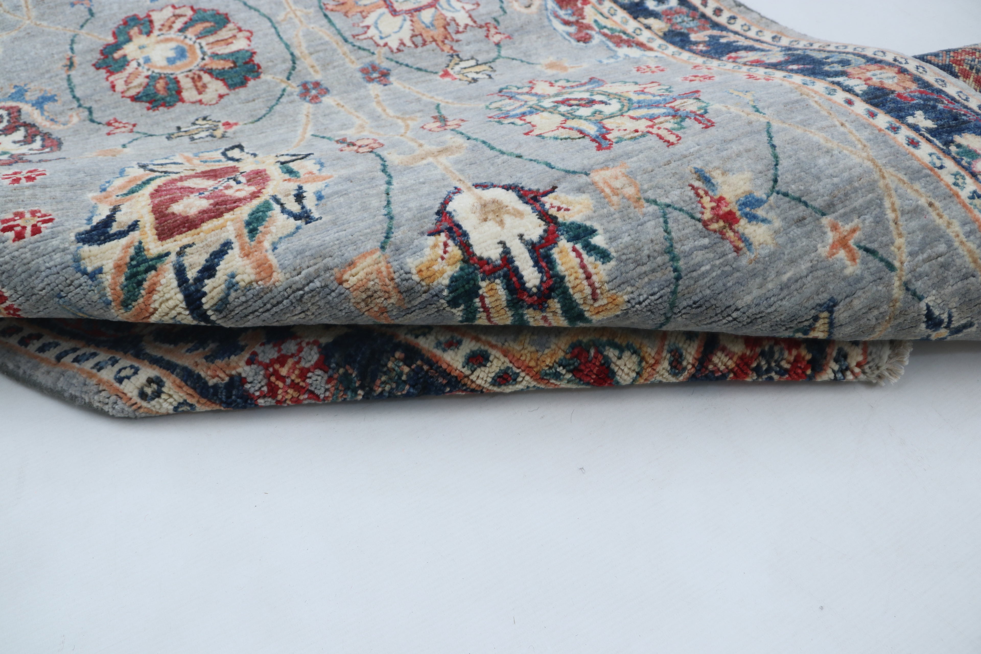 3x26 Gray Chobi Runner Rug | Handmade Wool & Cotton Floral Rug | Vegetable Dyed