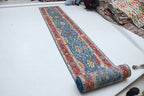 3x29 Blue & Red Chobi Runner Rug | Handmade Wool & Cotton Floral Rug | Vegetable Dyed