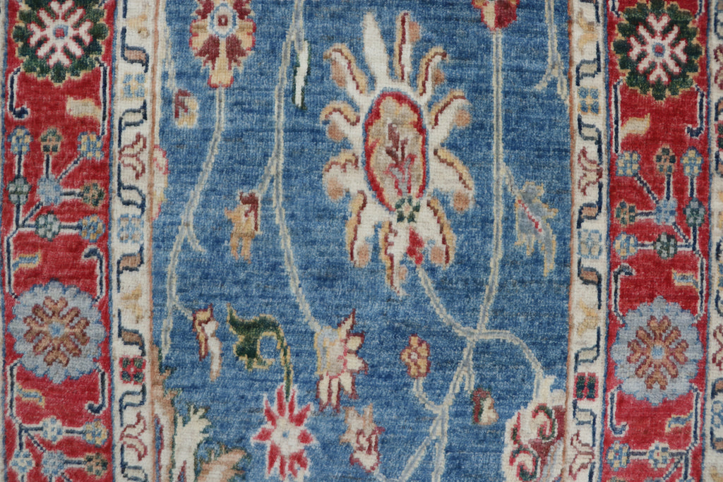 3x29 Blue & Red Chobi Runner Rug | Handmade Wool & Cotton Floral Rug | Vegetable Dyed