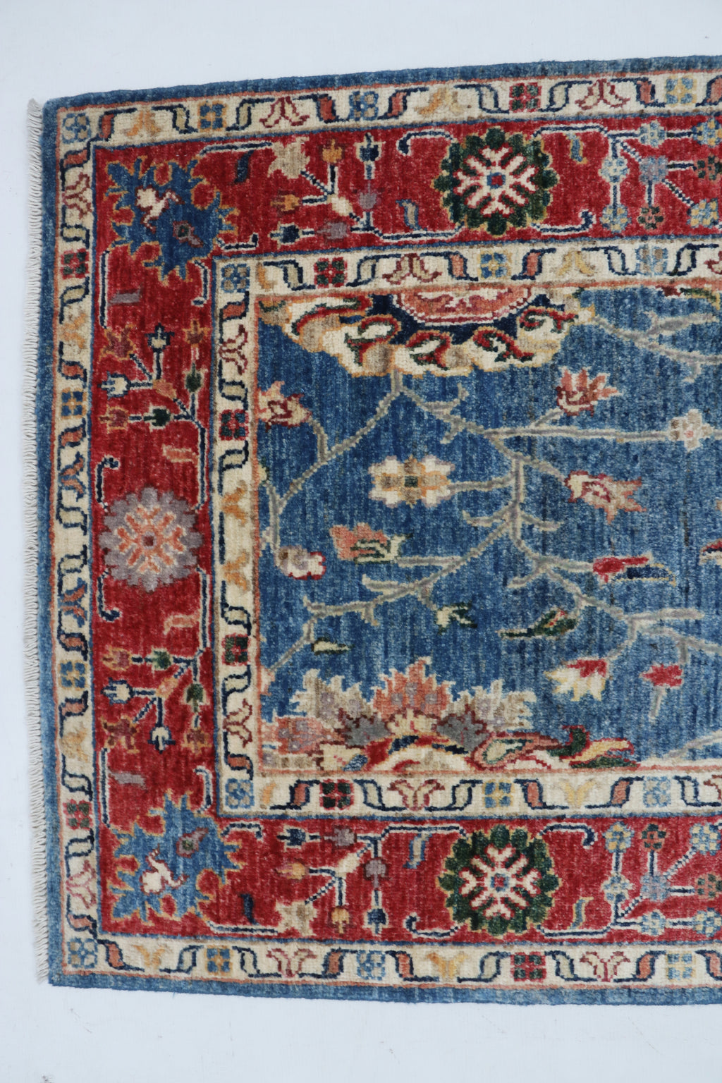 3x29 Blue & Red Chobi Runner Rug | Handmade Wool & Cotton Floral Rug | Vegetable Dyed