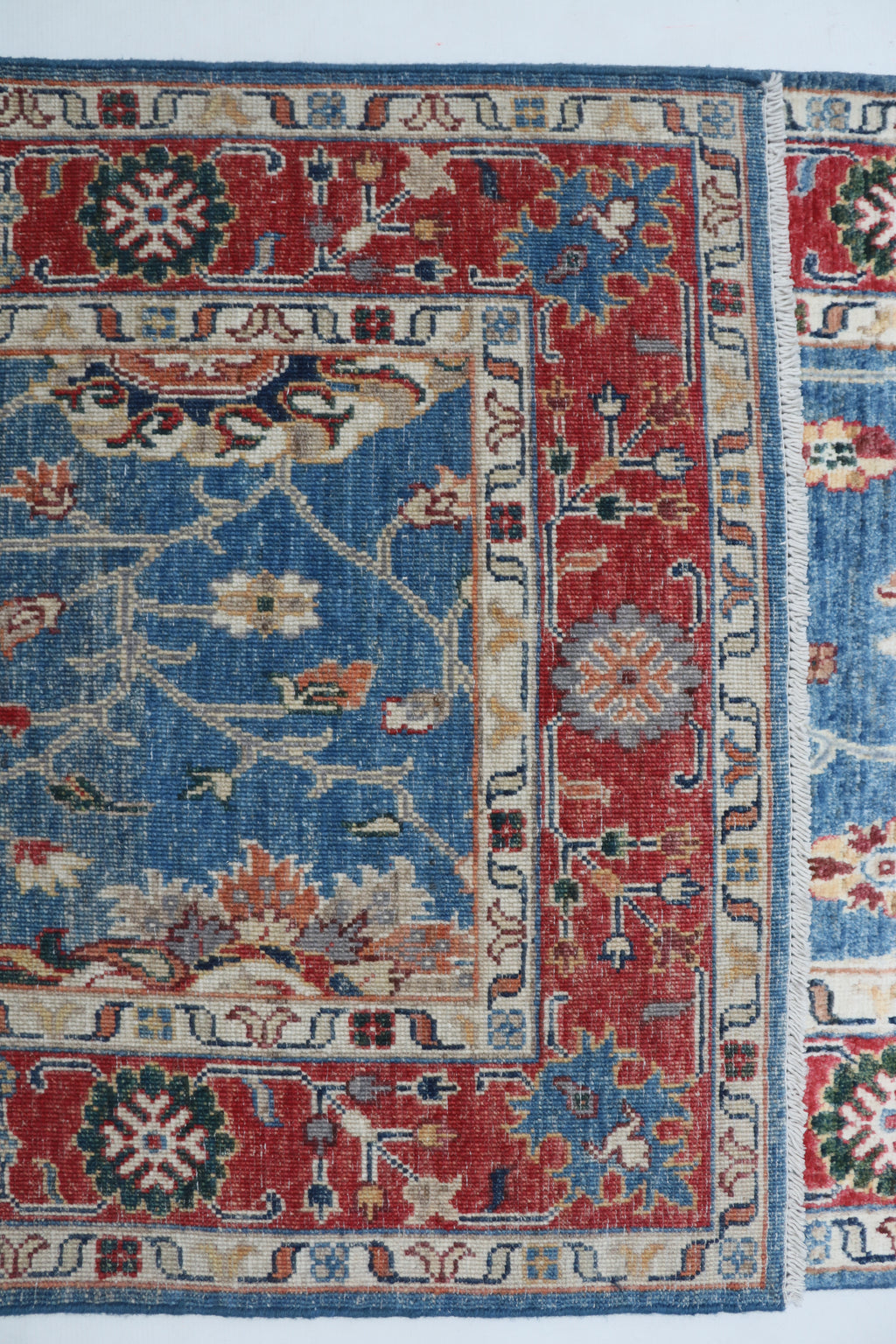 3x29 Blue & Red Chobi Runner Rug | Handmade Wool & Cotton Floral Rug | Vegetable Dyed