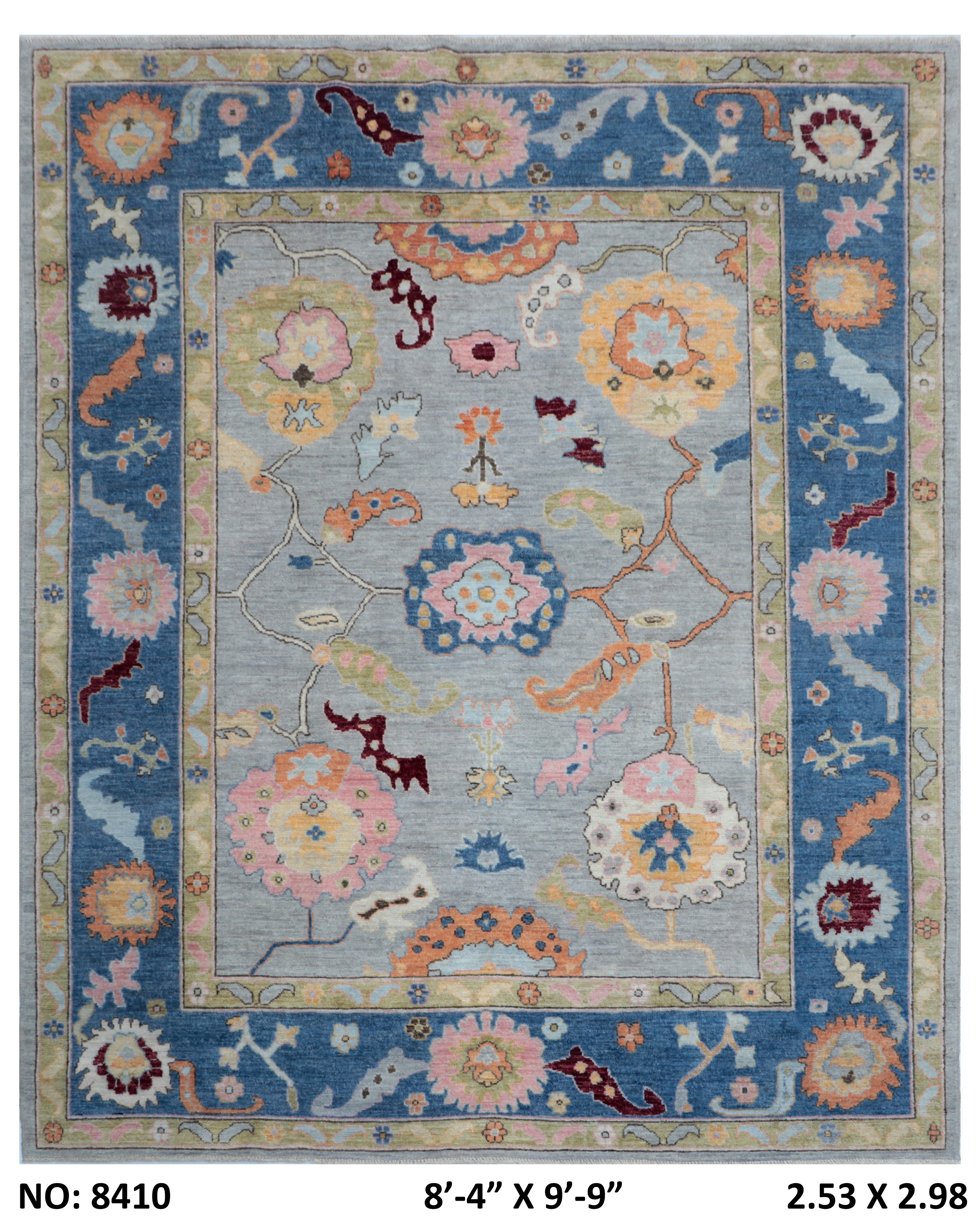 8x10 Grey Floral Handmade Wool Rug | Luxury Area Rug