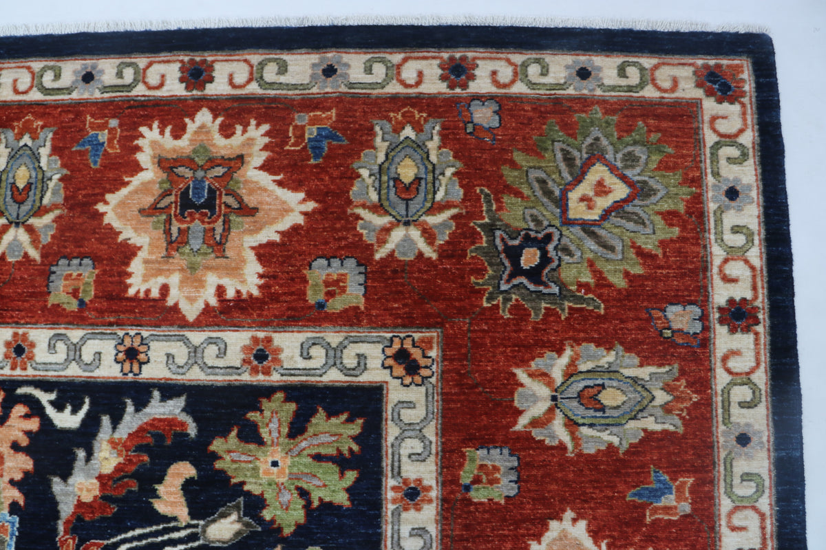 9x12 Blue Chobi Floral Area Rug | Handmade Wool & Cotton Rug