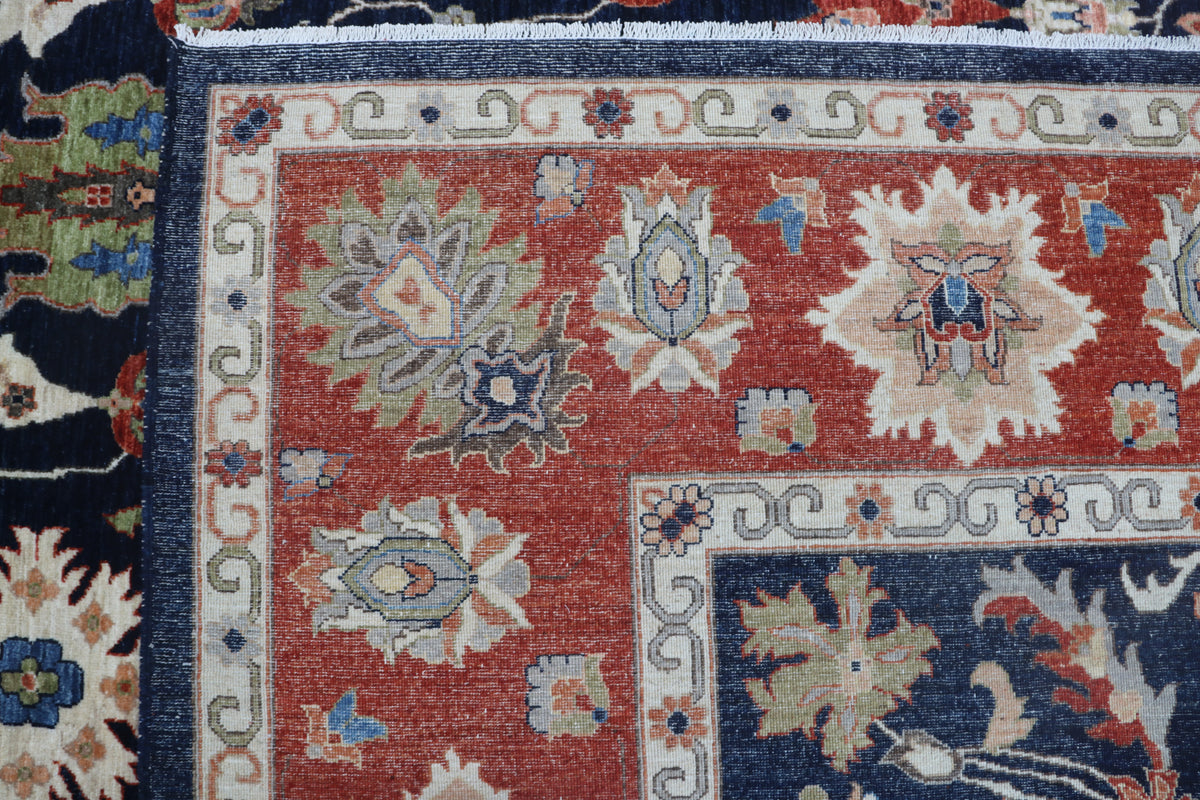 9x12 Blue Chobi Floral Area Rug | Handmade Wool & Cotton Rug