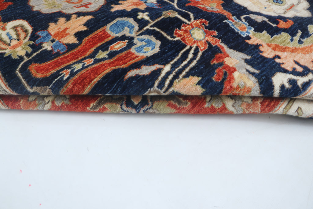 9x12 Blue Chobi Floral Area Rug | Handmade Wool & Cotton Rug
