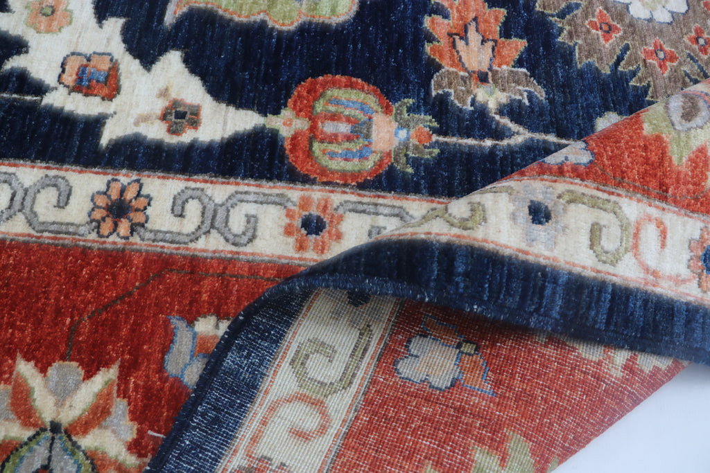 9x12 Blue Chobi Floral Area Rug | Handmade Wool & Cotton Rug