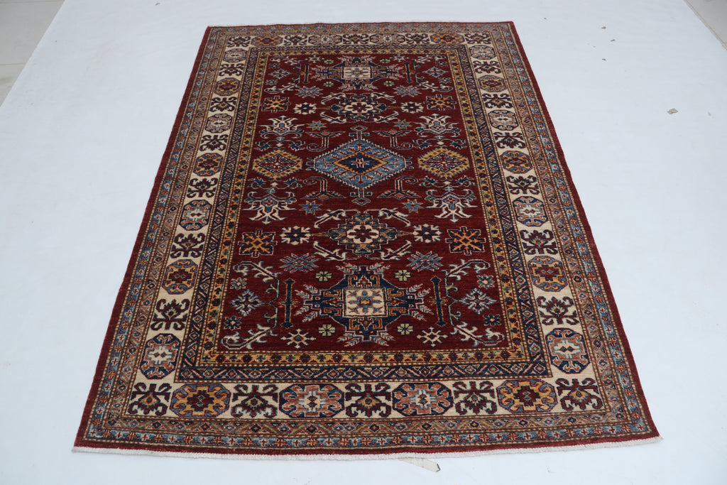 5x7 Beige & Red Super Kazak Area Rug | Handmade Wool & Cotton Geometric Rug