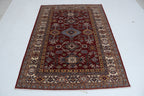 5x7 Beige & Red Super Kazak Area Rug | Handmade Wool & Cotton Geometric Rug