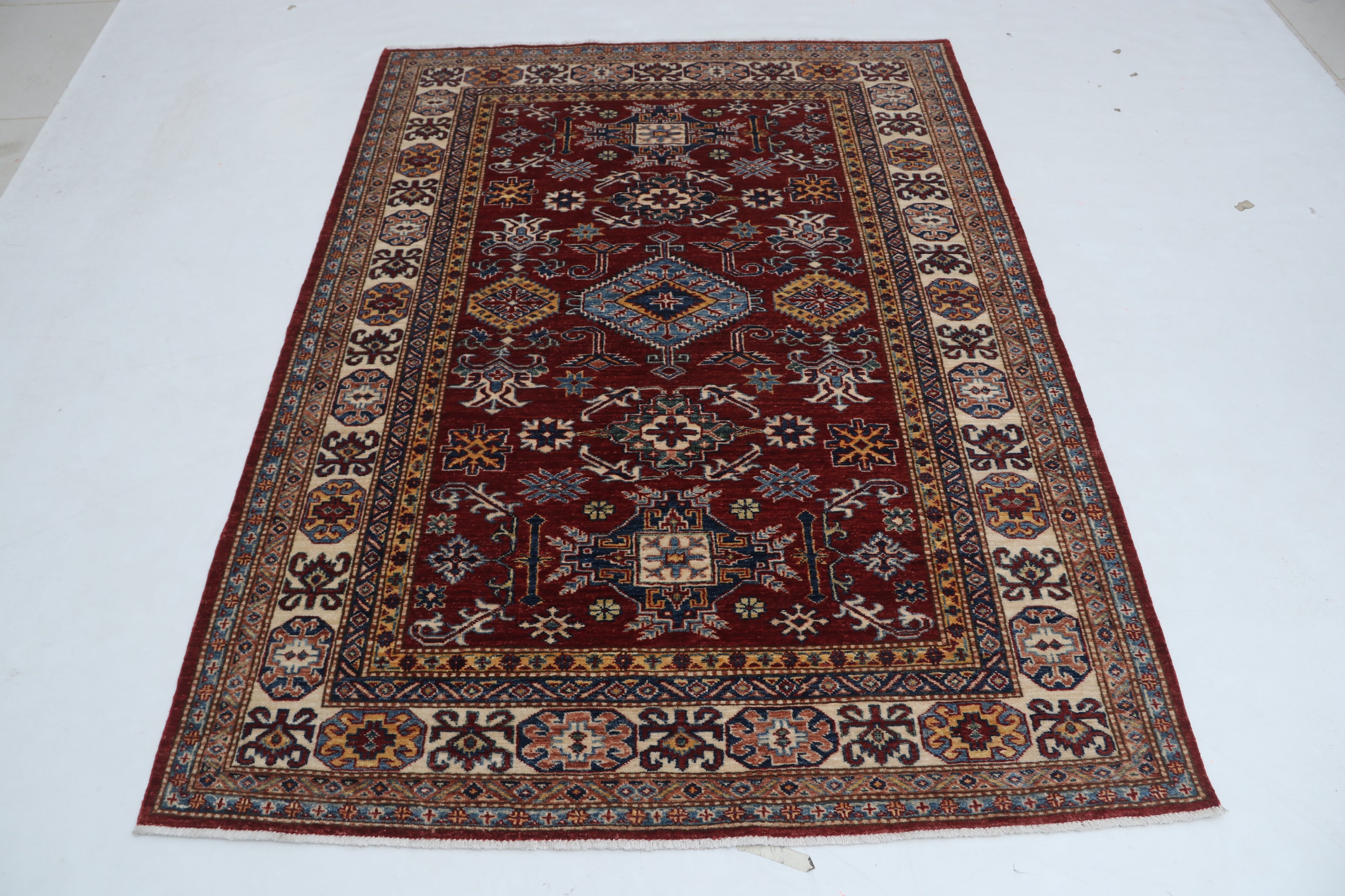 5x7 Beige & Red Super Kazak Area Rug | Handmade Wool & Cotton Geometric Rug