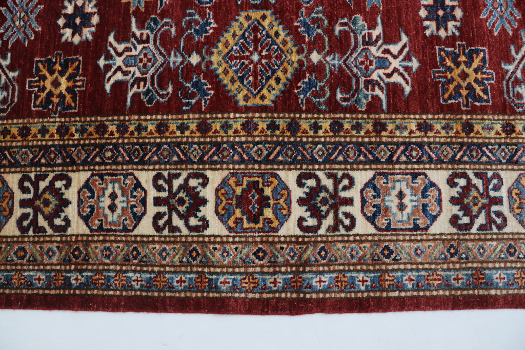 5x7 Beige & Red Super Kazak Area Rug | Handmade Wool & Cotton Geometric Rug