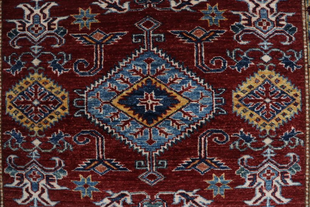 5x7 Beige & Red Super Kazak Area Rug | Handmade Wool & Cotton Geometric Rug