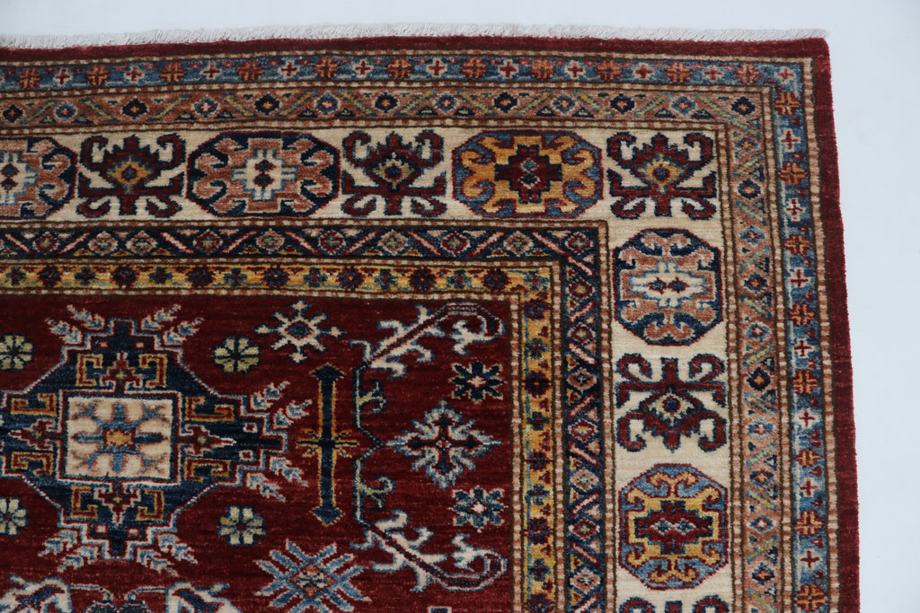 5x7 Beige & Red Super Kazak Area Rug | Handmade Wool & Cotton Geometric Rug