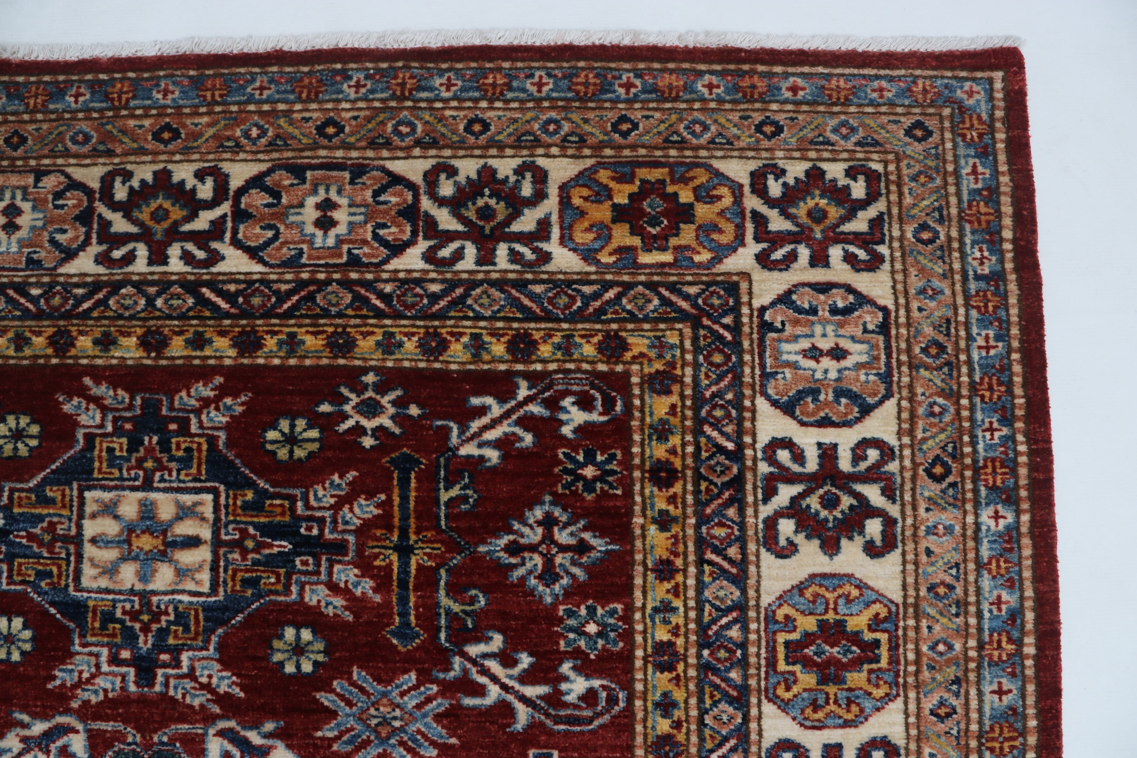 5x7 Beige & Red Super Kazak Area Rug | Handmade Wool & Cotton Geometric Rug