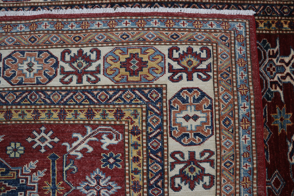 5x7 Beige & Red Super Kazak Area Rug | Handmade Wool & Cotton Geometric Rug